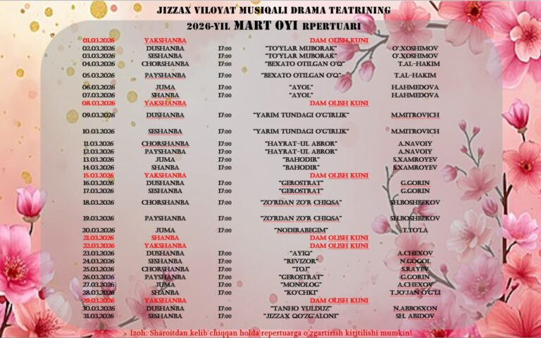 Jizzax viloyat musiqali drama teatri mart oyi repertuari
