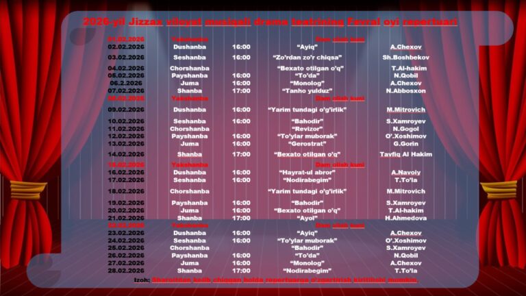 Jizzax viloyat musiqali drama teatri fevral oyi repertuari